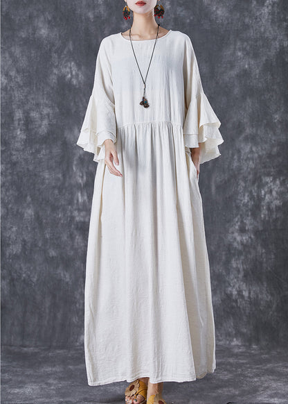 White Oversized Exra Large Hem Linen Maxi Dresses Flare Sleeve Td1057