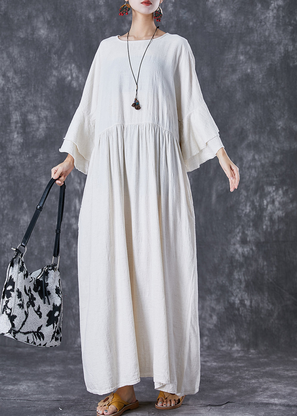 White Oversized Exra Large Hem Linen Maxi Dresses Flare Sleeve Td1057