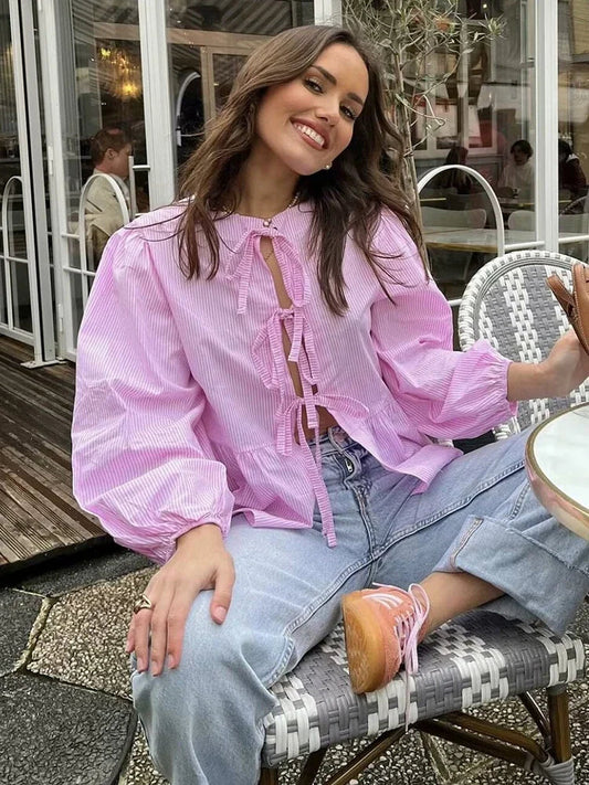 Puff Sleeve Bow Button Blouse
