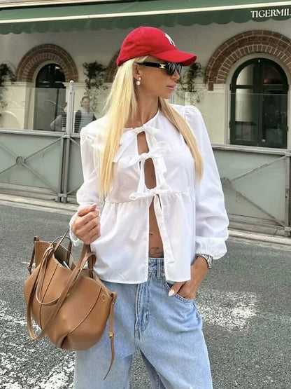 Puff Sleeve Bow Button Blouse
