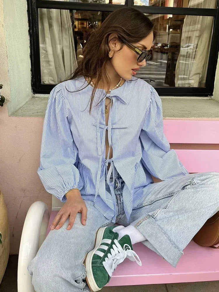 Puff Sleeve Bow Button Blouse