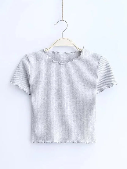 Wood Ears O Neck Short Sleeve T-shirt New Woman Slim Fit T Shirt Tight Tee Summer Retro Tops 6 Colors