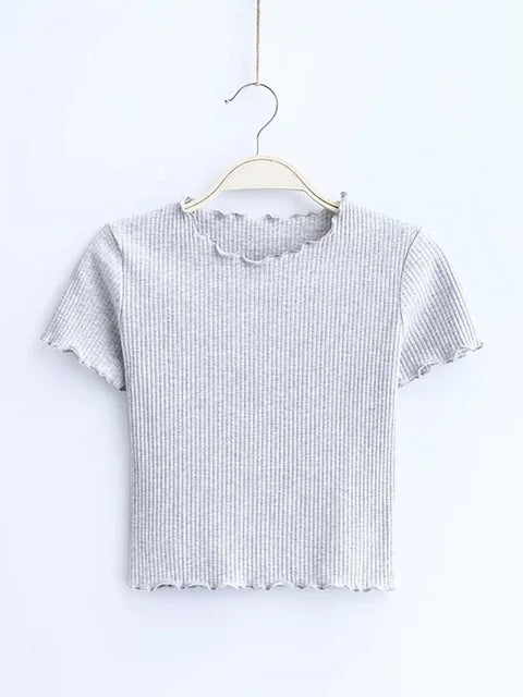 Wood Ears O Neck Short Sleeve T-shirt New Woman Slim Fit T Shirt Tight Tee Summer Retro Tops 6 Colors