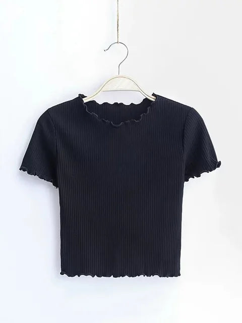 Wood Ears O Neck Short Sleeve T-shirt New Woman Slim Fit T Shirt Tight Tee Summer Retro Tops 6 Colors