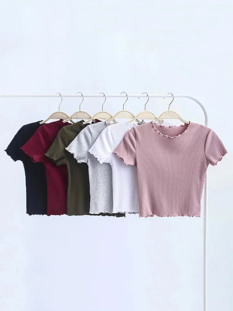Wood Ears O Neck Short Sleeve T-shirt New Woman Slim Fit T Shirt Tight Tee Summer Retro Tops 6 Colors
