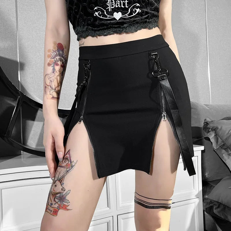 Y2k Dark Double Zipper Bag Hip Split Gothic Design Tight Harajuku Black Gothic Bag Hip Skirt