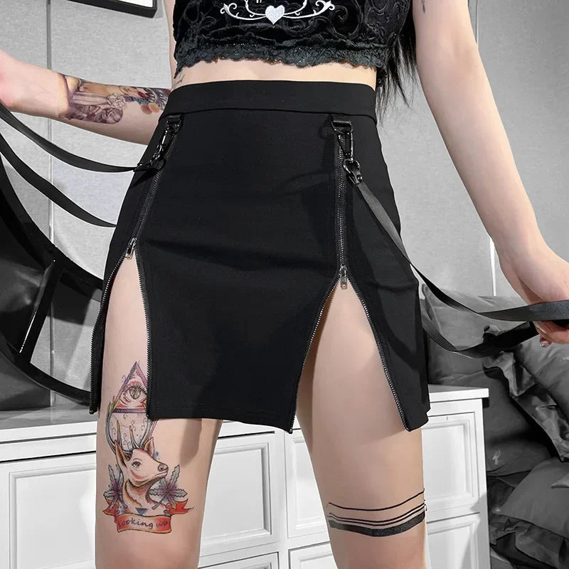 Y2k Dark Double Zipper Bag Hip Split Gothic Design Tight Harajuku Black Gothic Bag Hip Skirt
