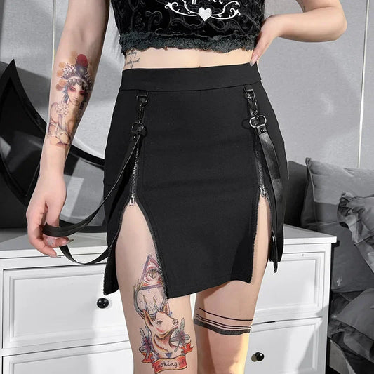 Y2k Dark Double Zipper Bag Hip Split Gothic Design Tight Harajuku Black Gothic Bag Hip Skirt