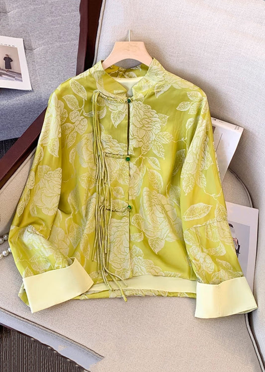Yellow Tasseled Button Print Silk Coat Fall Qo023