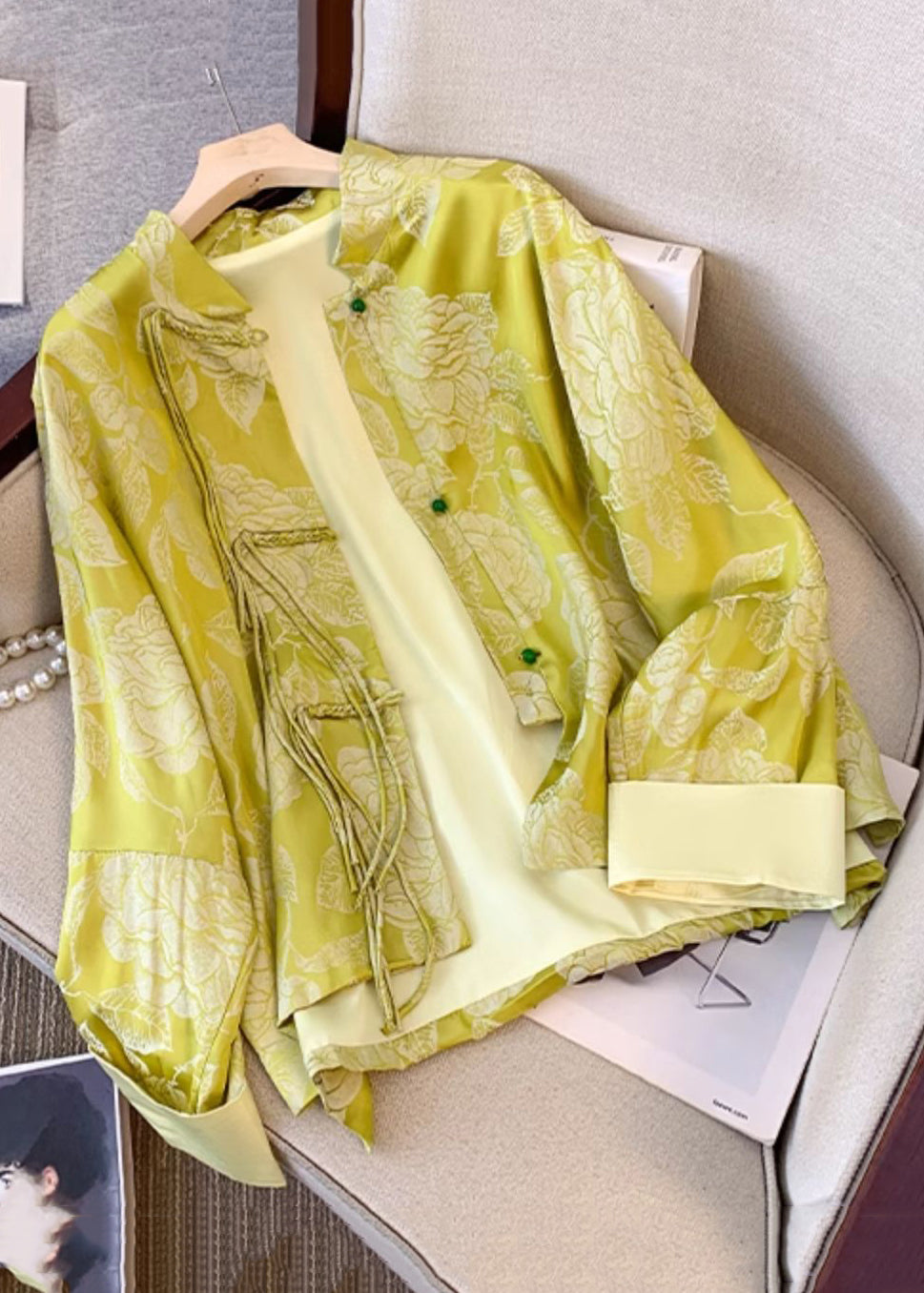 Yellow Tasseled Button Print Silk Coat Fall Qo023