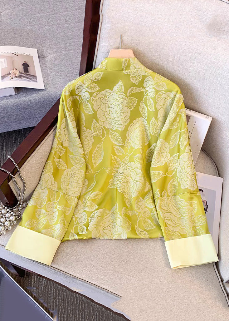 Yellow Tasseled Button Print Silk Coat Fall Qo023
