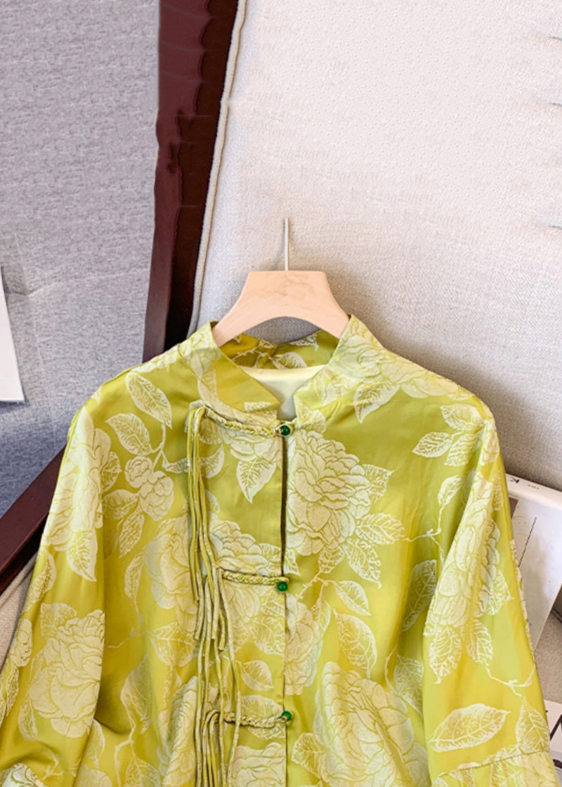 Yellow Tasseled Button Print Silk Coat Fall Qo023