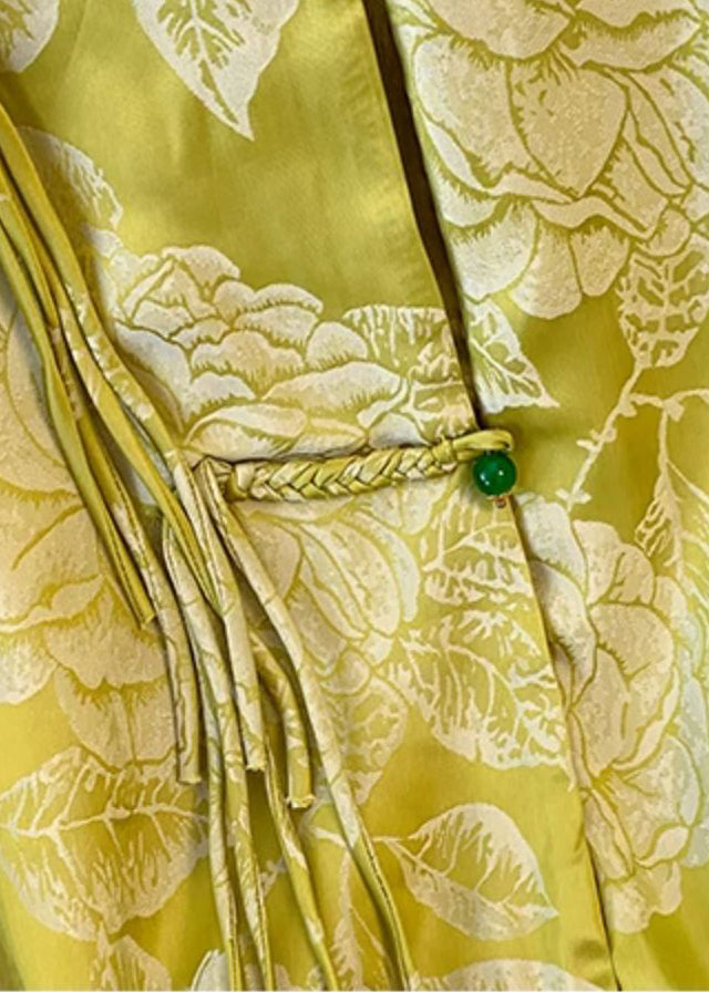 Yellow Tasseled Button Print Silk Coat Fall Qo023