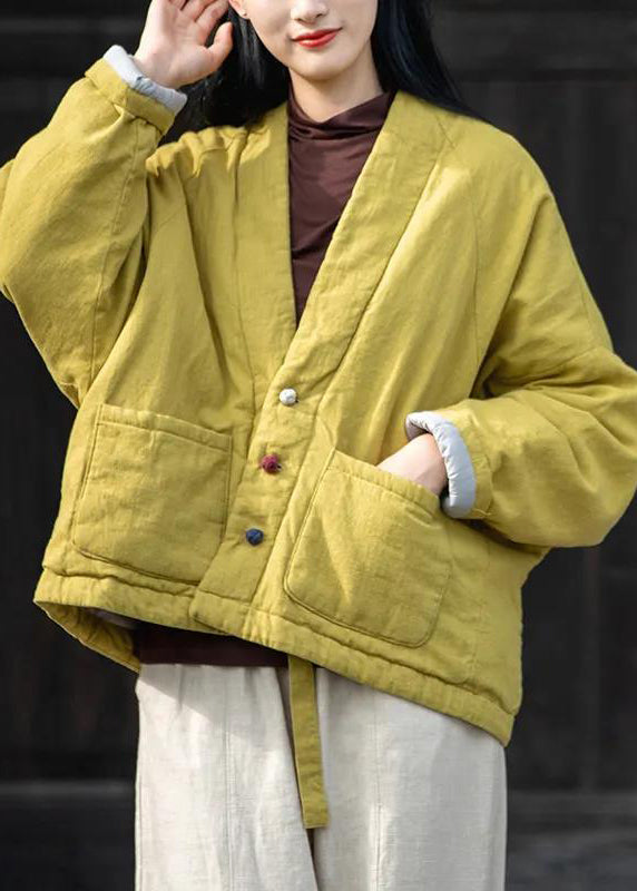 Yellow V Neck Pockets Fine Cotton Filled Coats Winter Tz043