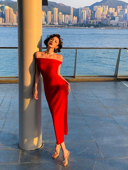 Red Off-shoulder Draped Slim-fit Maxi Dress