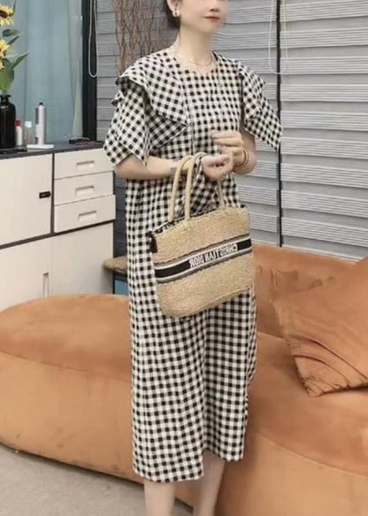Vogue Black Plaid Tie Waist Long Dresses Short Sleeve Vb1046