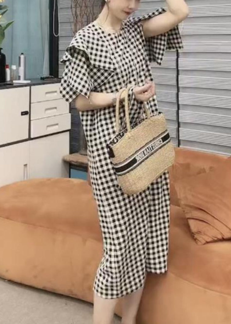 Vogue Black Plaid Tie Waist Long Dresses Short Sleeve Vb1046