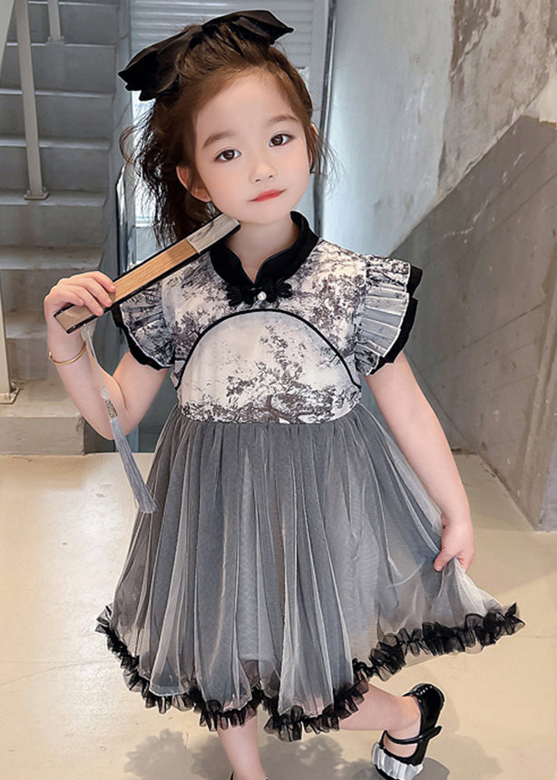 Vogue Black Stand Collar Ruffled Patchwork Tulle Kids Long Dresses Sleeveless Mn032