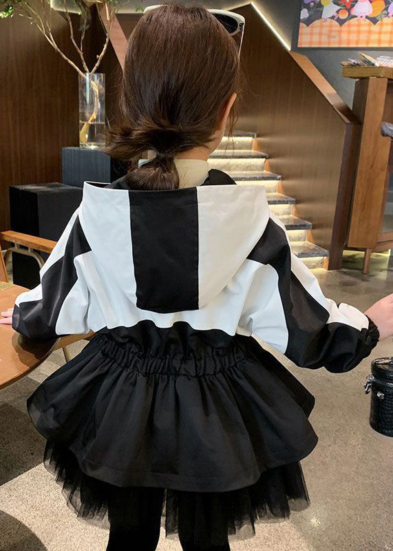 Vogue Black Tulle Wrinkled Patchwork Hoodie Coat Fall Qv029