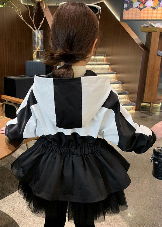 Vogue Black Tulle Wrinkled Patchwork Hoodie Coat Fall Qv029
