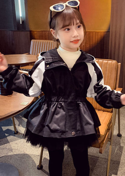 Vogue Black Tulle Wrinkled Patchwork Hoodie Coat Fall Qv029