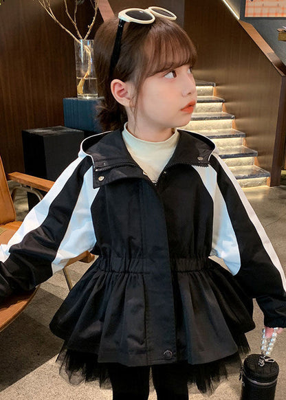 Vogue Black Tulle Wrinkled Patchwork Hoodie Coat Fall Qv029