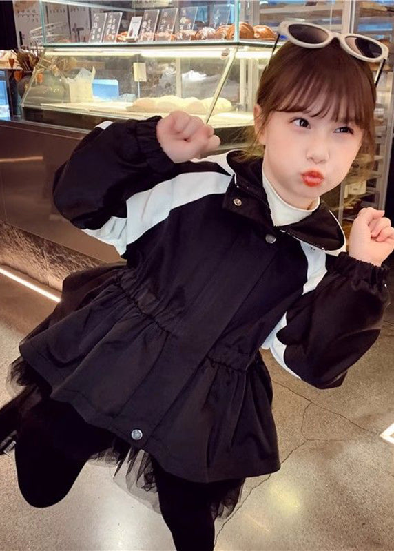 Vogue Black Tulle Wrinkled Patchwork Hoodie Coat Fall Qv029