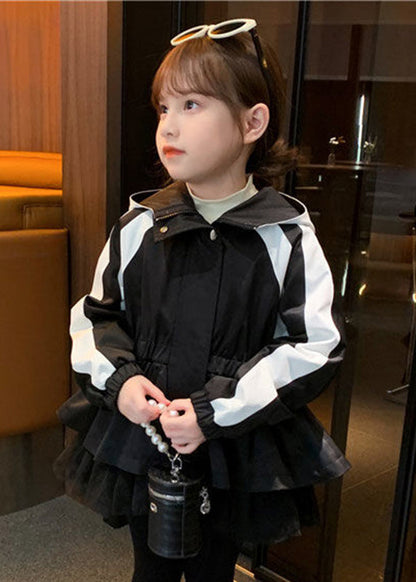 Vogue Black Tulle Wrinkled Patchwork Hoodie Coat Fall Qv029
