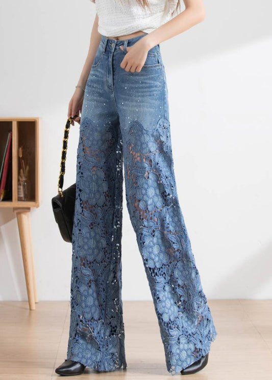 Vogue Blue Lace Patchwork Hollow Out High Waist Debun Straight Pants Spring Ly1952