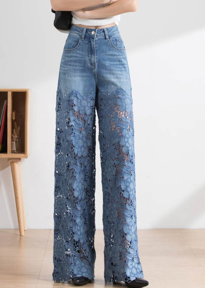 Vogue Blue Lace Patchwork Hollow Out High Waist Debun Straight Pants Spring Ly1952