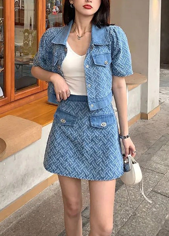 Vogue Blue Peter Pan Collar Print Coats and Shorts Two Pieces Set Summer Ty1089