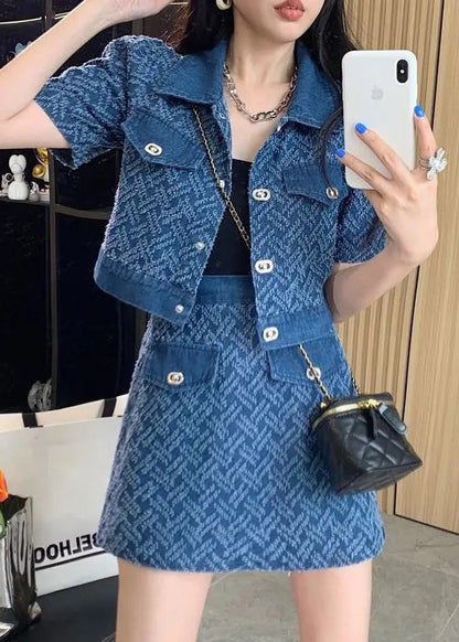 Vogue Blue Peter Pan Collar Print Coats and Shorts Two Pieces Set Summer Ty1089