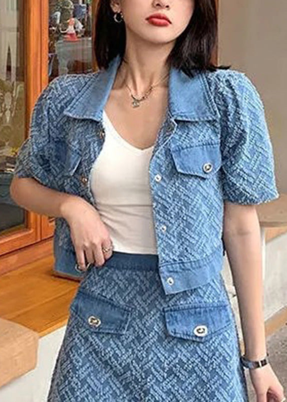 Vogue Blue Peter Pan Collar Print Coats and Shorts Two Pieces Set Summer Ty1089