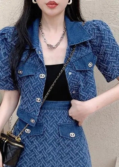 Vogue Blue Peter Pan Collar Print Coats and Shorts Two Pieces Set Summer Ty1089