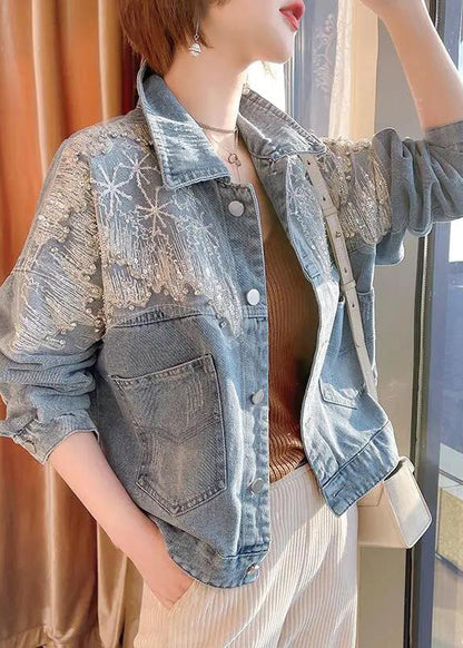 Vogue Blue Peter Pan Collar Tulle Patchwork Sequins Button Denim Coats Fall Ty1034