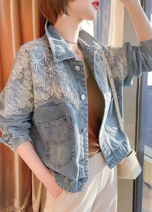 Vogue Blue Peter Pan Collar Tulle Patchwork Sequins Button Denim Coats Fall Ty1034