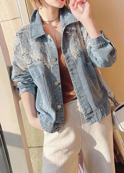 Vogue Blue Peter Pan Collar Tulle Patchwork Sequins Button Denim Coats Fall Ty1034