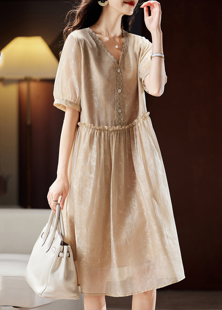 Vogue Champagne Ruffled V Neck Lace Patchwork Maxi Dresses Summer Ww046