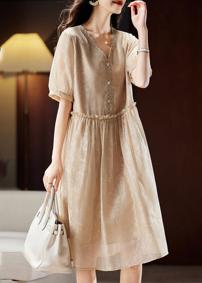 Vogue Champagne Ruffled V Neck Lace Patchwork Maxi Dresses Summer Ww046
