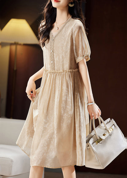 Vogue Champagne Ruffled V Neck Lace Patchwork Maxi Dresses Summer Ww046