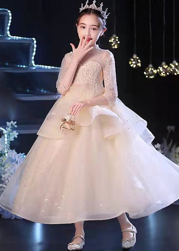 Vogue Champagne V Neck Sequins Patchwork Tulle Long Dress Sleeveless Xz038