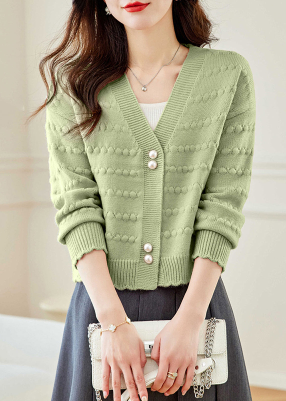 Vogue Green V Neck Button Knit Coat Fall Qc030