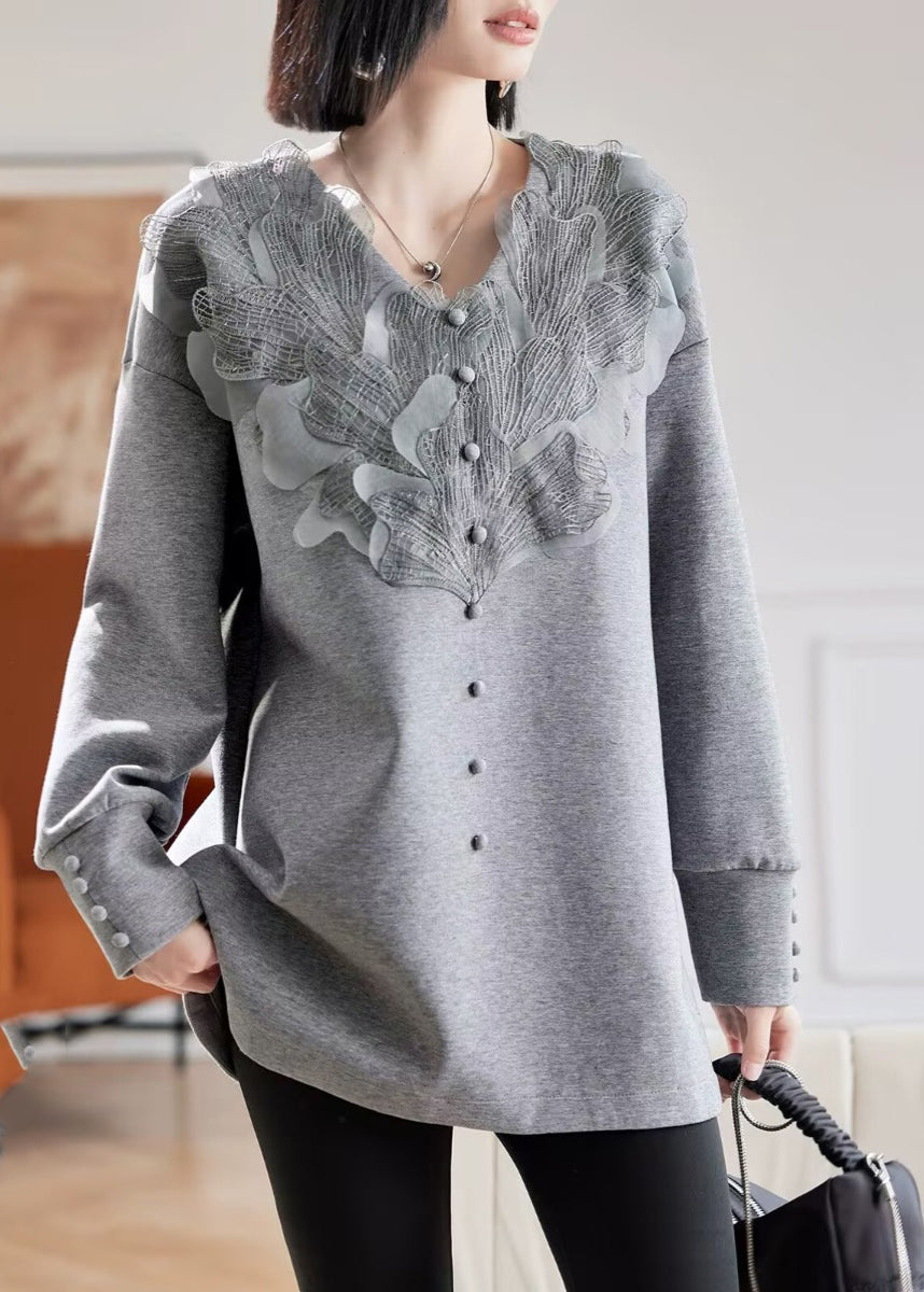 Vogue Grey V Neck Lace Patchwork Sweatshirts Spring Te035