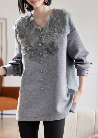 Vogue Grey V Neck Lace Patchwork Sweatshirts Spring Te035