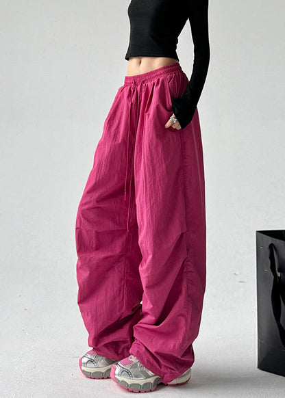Vogue Red Pockets Tie Waist Warm Fleece Straight Pants Spring Ta063
