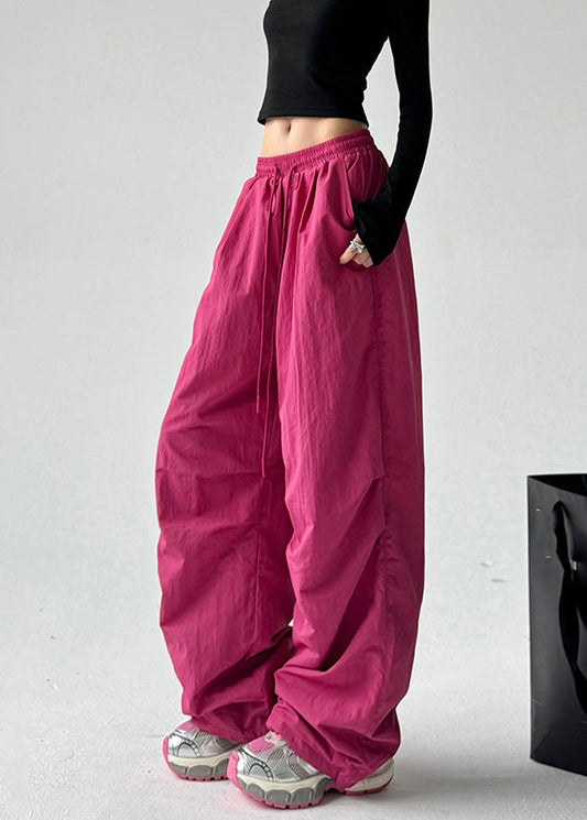 Vogue Red Pockets Tie Waist Warm Fleece Straight Pants Spring Ta063
