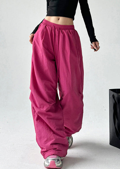 Vogue Red Pockets Tie Waist Warm Fleece Straight Pants Spring Ta063