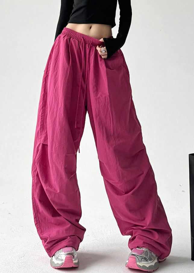 Vogue Red Pockets Tie Waist Warm Fleece Straight Pants Spring Ta063