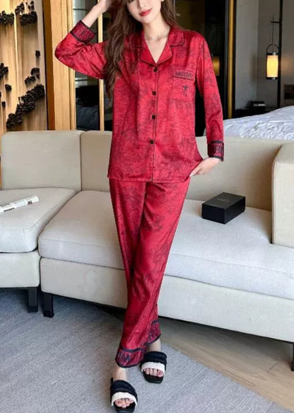 Vogue Red Print Silk Shirts and Wide Leg Pants Two Pieces Set Long Sleeve Xs1017