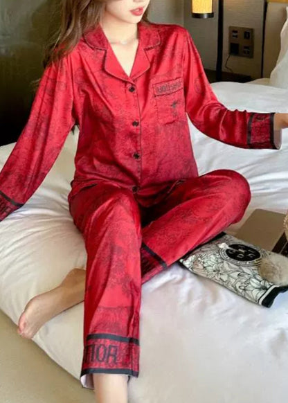 Vogue Red Print Silk Shirts and Wide Leg Pants Two Pieces Set Long Sleeve Xs1017